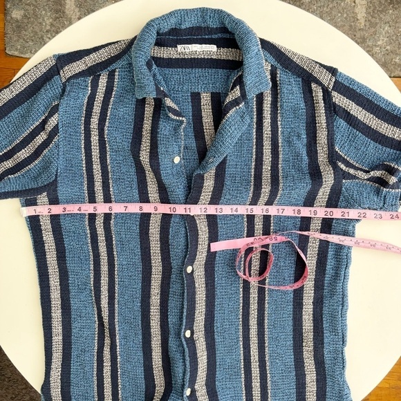 Zara Men’s Textured Striped Button Down Shirt Blue Size Large Slim - Picture 6 of 8